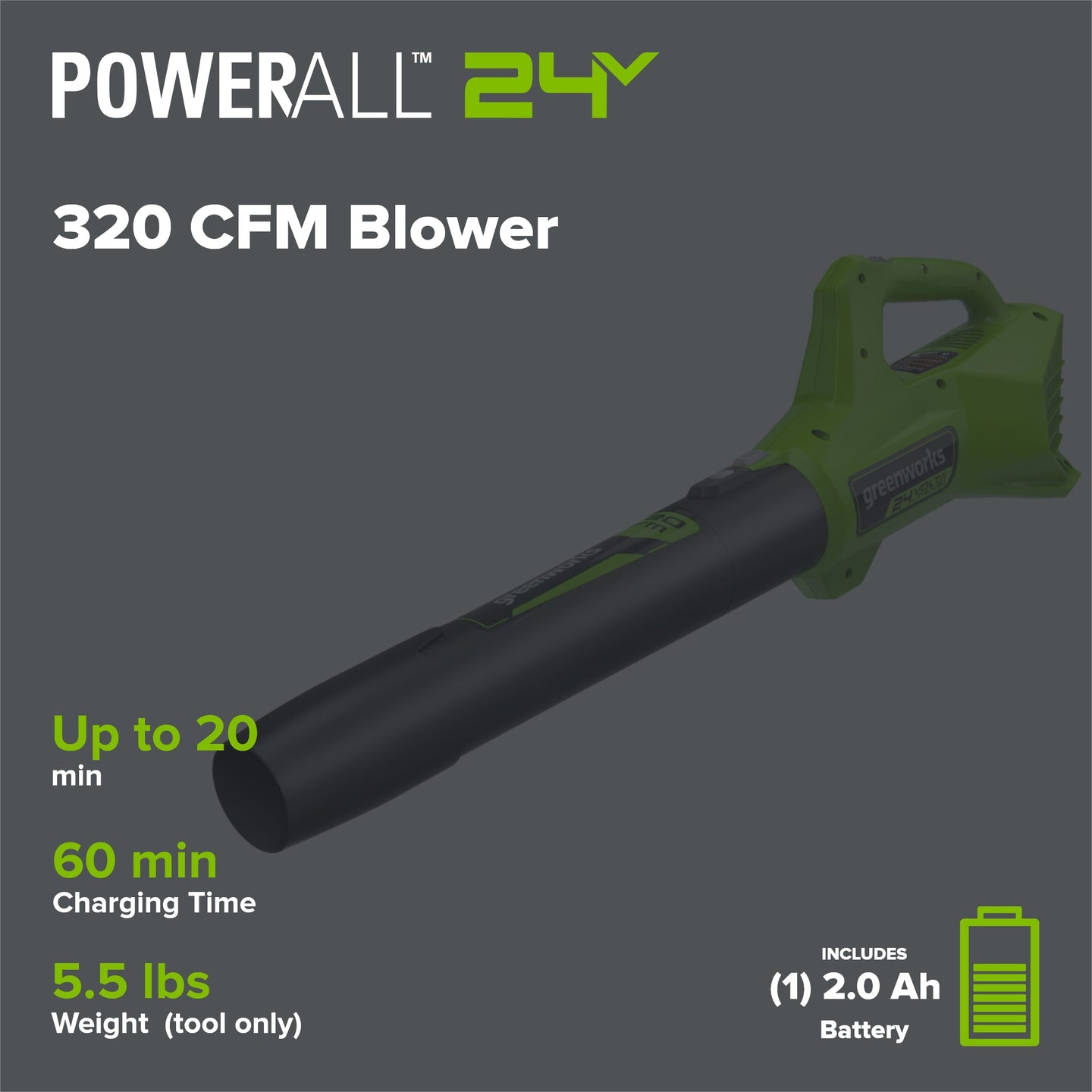 24V 320 CFM Cordless Battery Leaf Blower w/ 2.0 Ah Battery & Charger greenworkstools