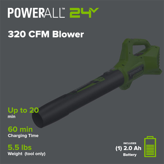 24V 320 CFM Cordless Battery Leaf Blower w/ 2.0 Ah Battery & Charger greenworkstools