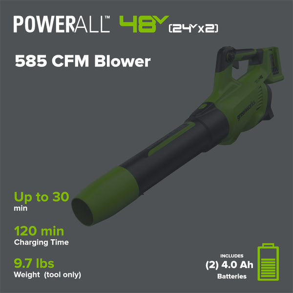 48V (24V x 2) 585 CFM Cordless Battery Leaf Blower w/ (2) 4.0 Ah USB Batteries & Dual Port Charger greenworkstools