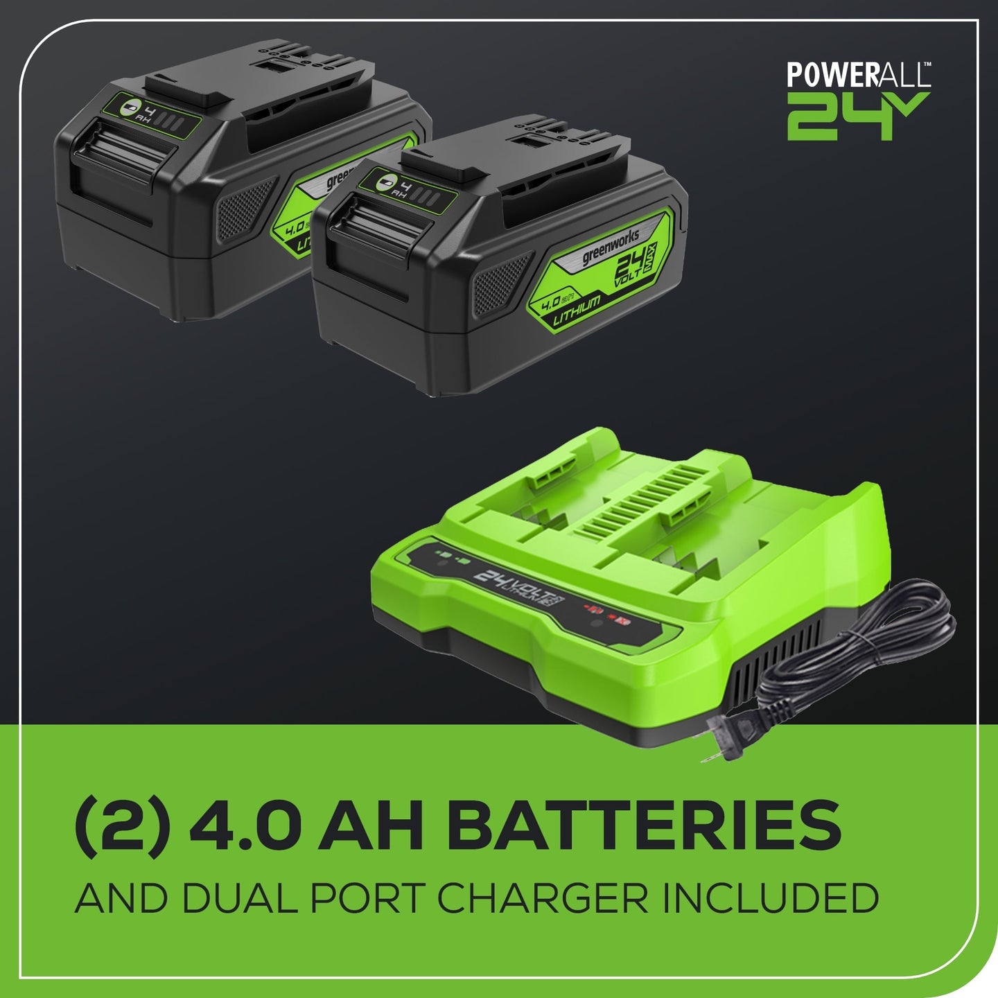 48V (24V x 2) 585 CFM Cordless Battery Leaf Blower w/ (2) 4.0 Ah USB Batteries & Dual Port Charger greenworkstools