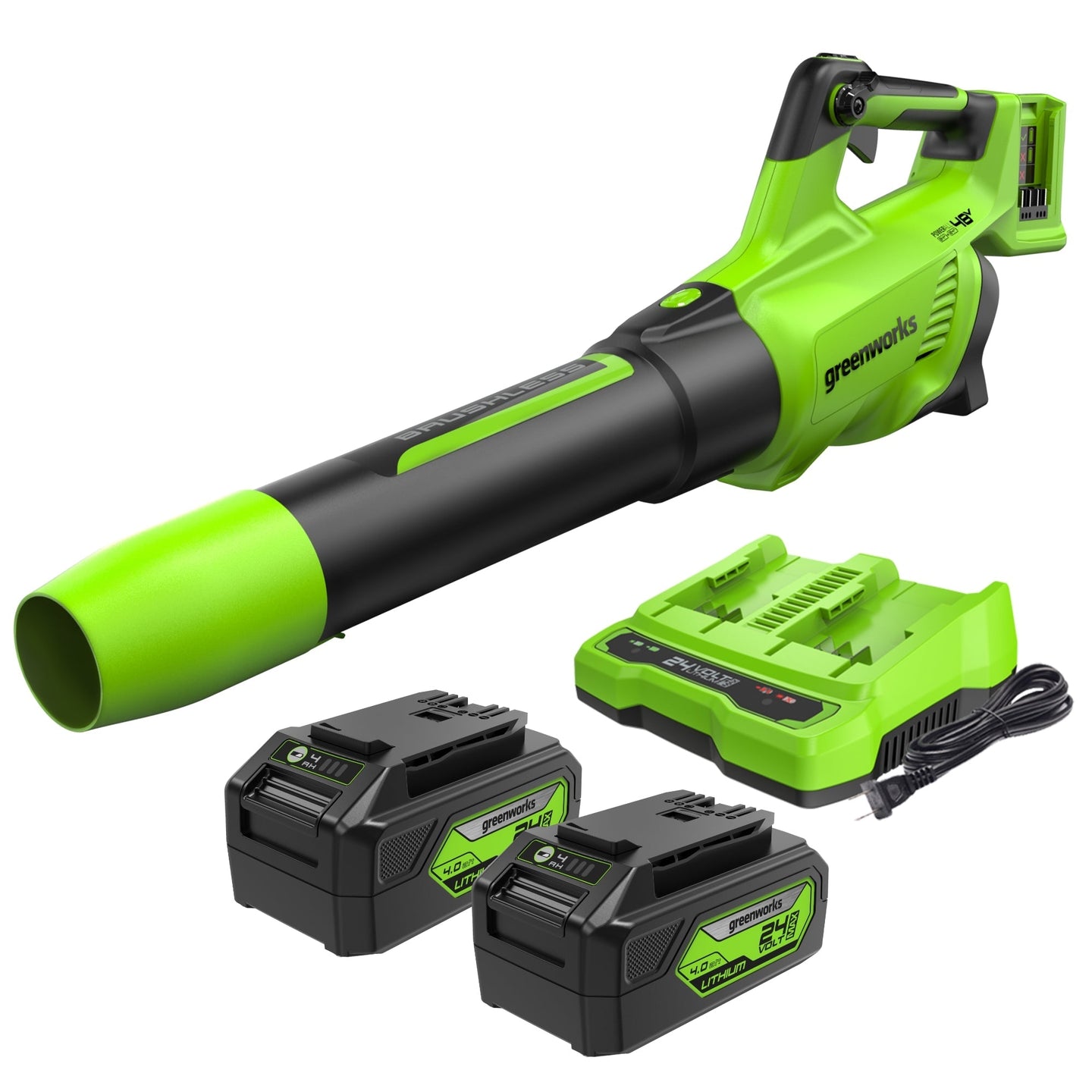 48V (24V x 2) 585 CFM Cordless Battery Leaf Blower w/ (2) 4.0 Ah USB Batteries & Dual Port Charger greenworkstools