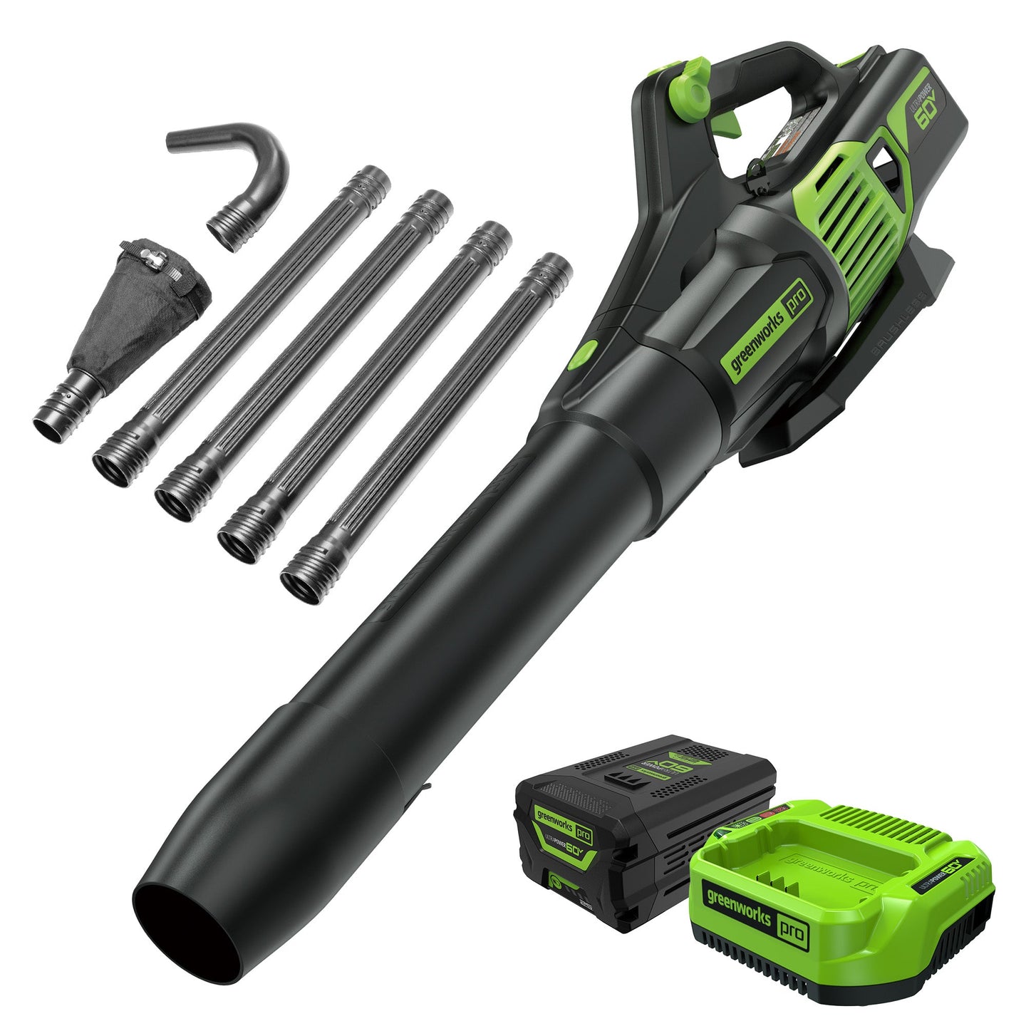 60V 610 CFM Cordless Battery Leaf Blower and Gutter Cleaning Kit Combo Kit: 2.5 Ah Battery and Rapid Charger greenworkstools