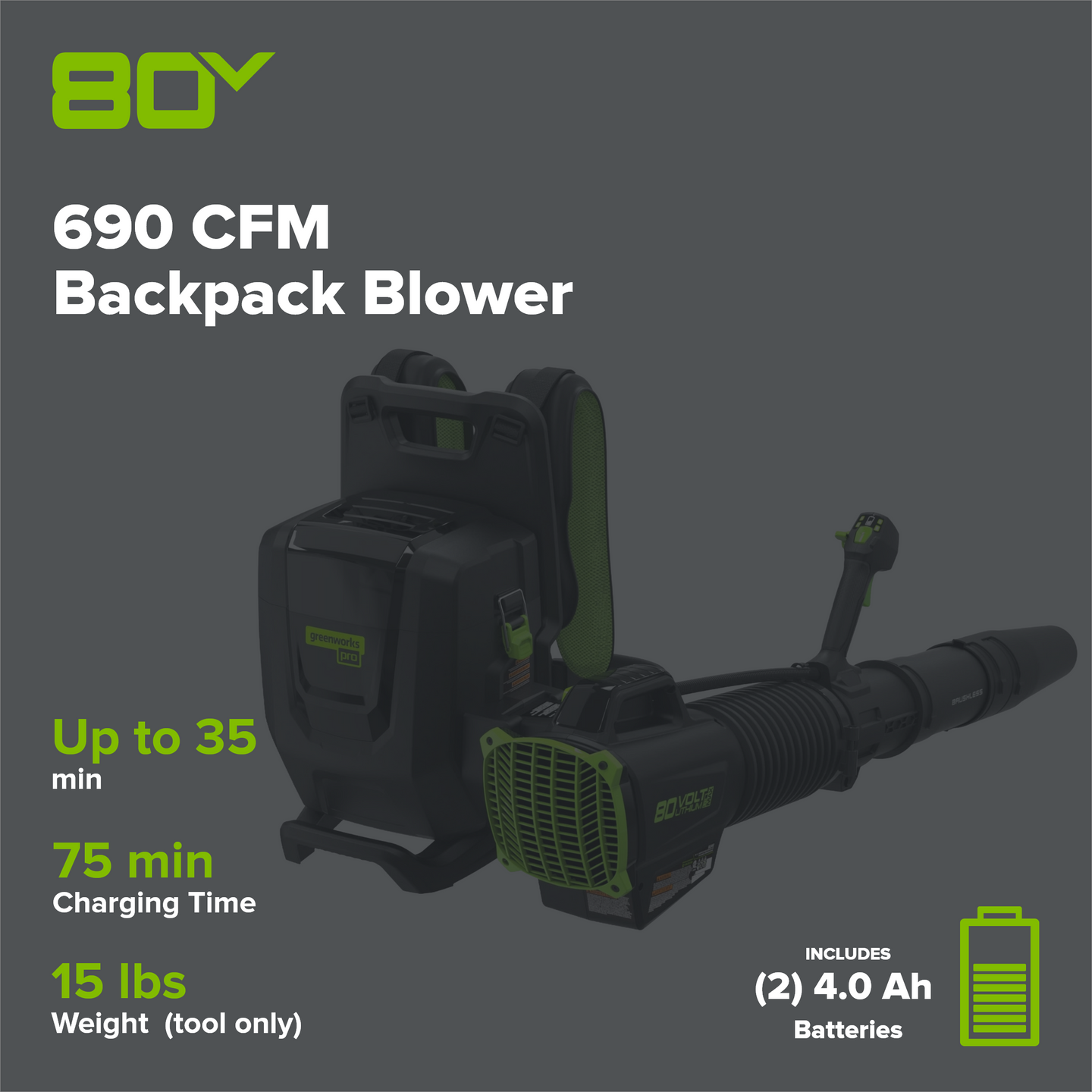 80V 690 CFM Cordless Battery Dual-Port Backpack Blower: (2) 4.0 Ah Batteries and Dual-Port Rapid Charger greenworkstools
