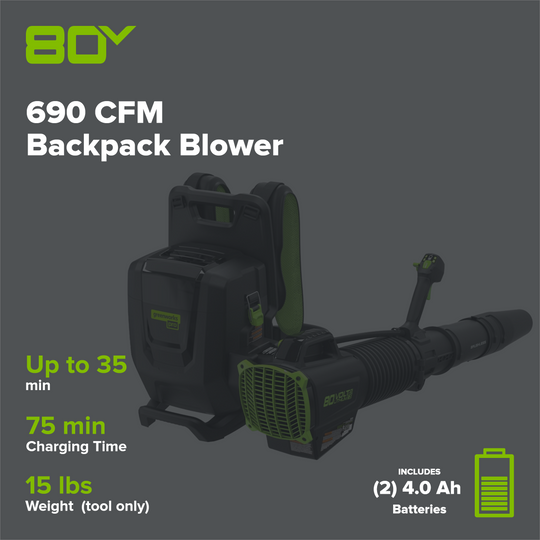 80V 690 CFM Cordless Battery Dual-Port Backpack Blower: (2) 4.0 Ah Batteries and Dual-Port Rapid Charger greenworkstools