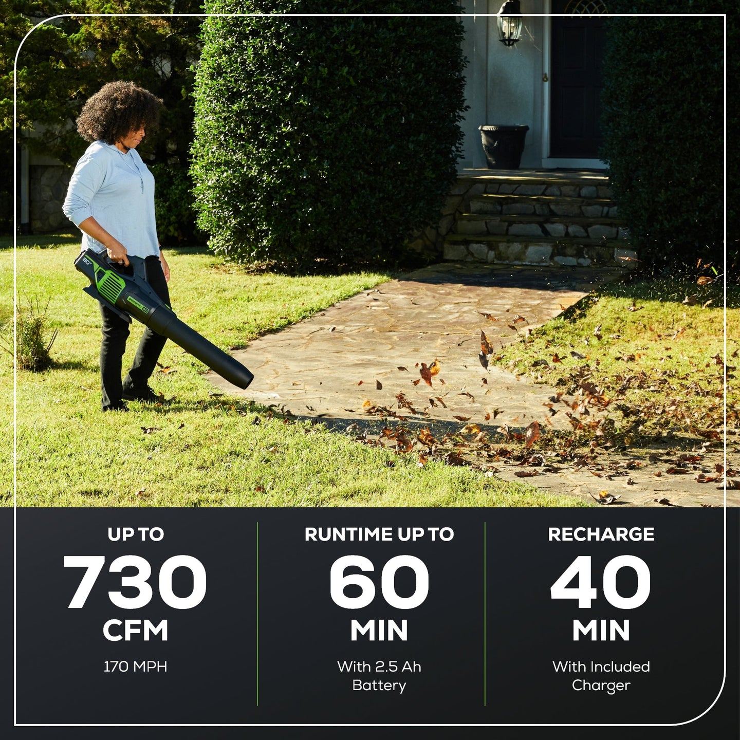 OPEN BOX 80V 730 CFM Cordless Battery Leaf Blower: 2.5 Ah Battery and Rapid Charger greenworkstools