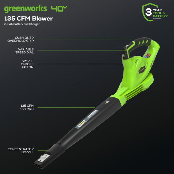 40V 135 CFM Cordless Battery Leaf Blower: 2.0 Ah Battery and Charger greenworkstools