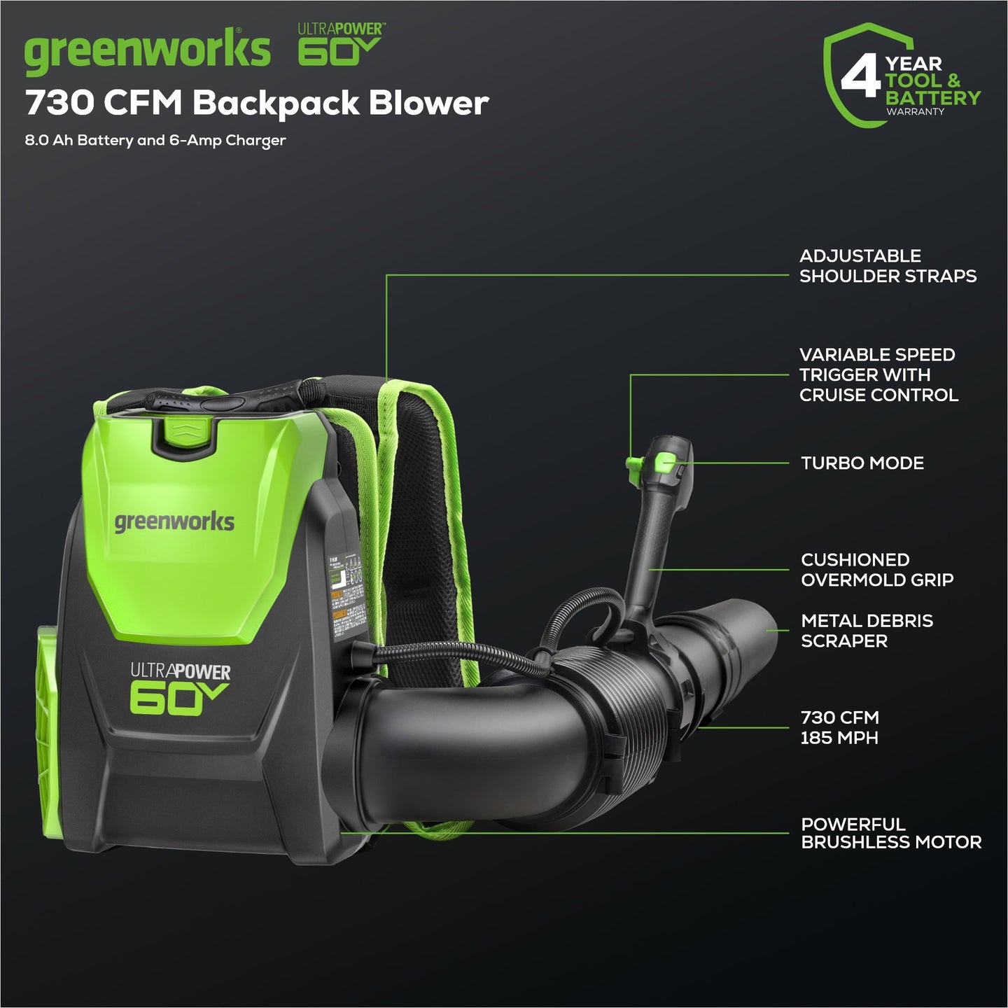 60V 730 CFM Cordless Battery Brushless Backpack Blower, 8.0 Ah Battery and Charger greenworkstools