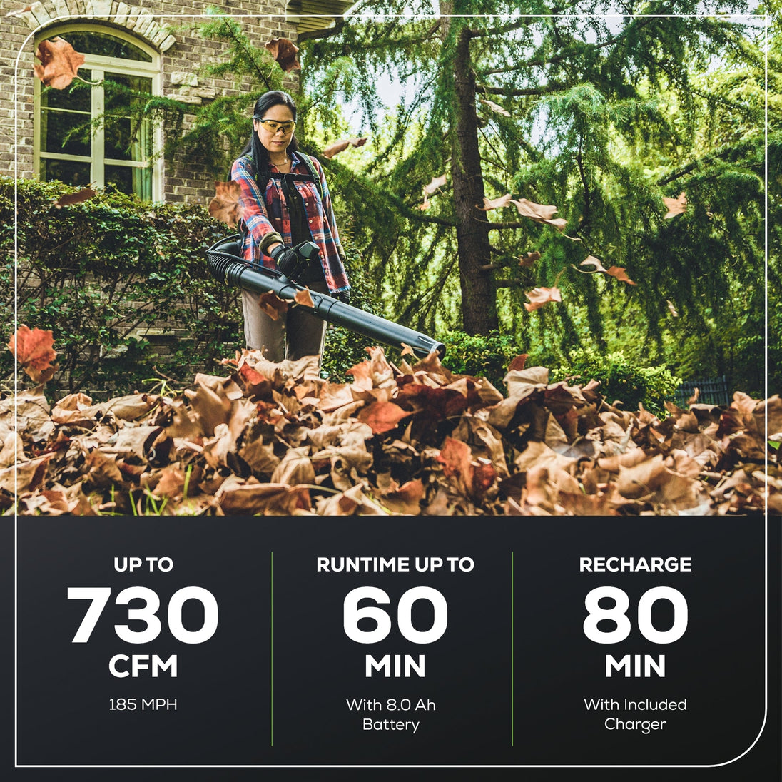 60V 730 CFM Cordless Battery Brushless Backpack Blower, 8.0 Ah Battery and Charger greenworkstools