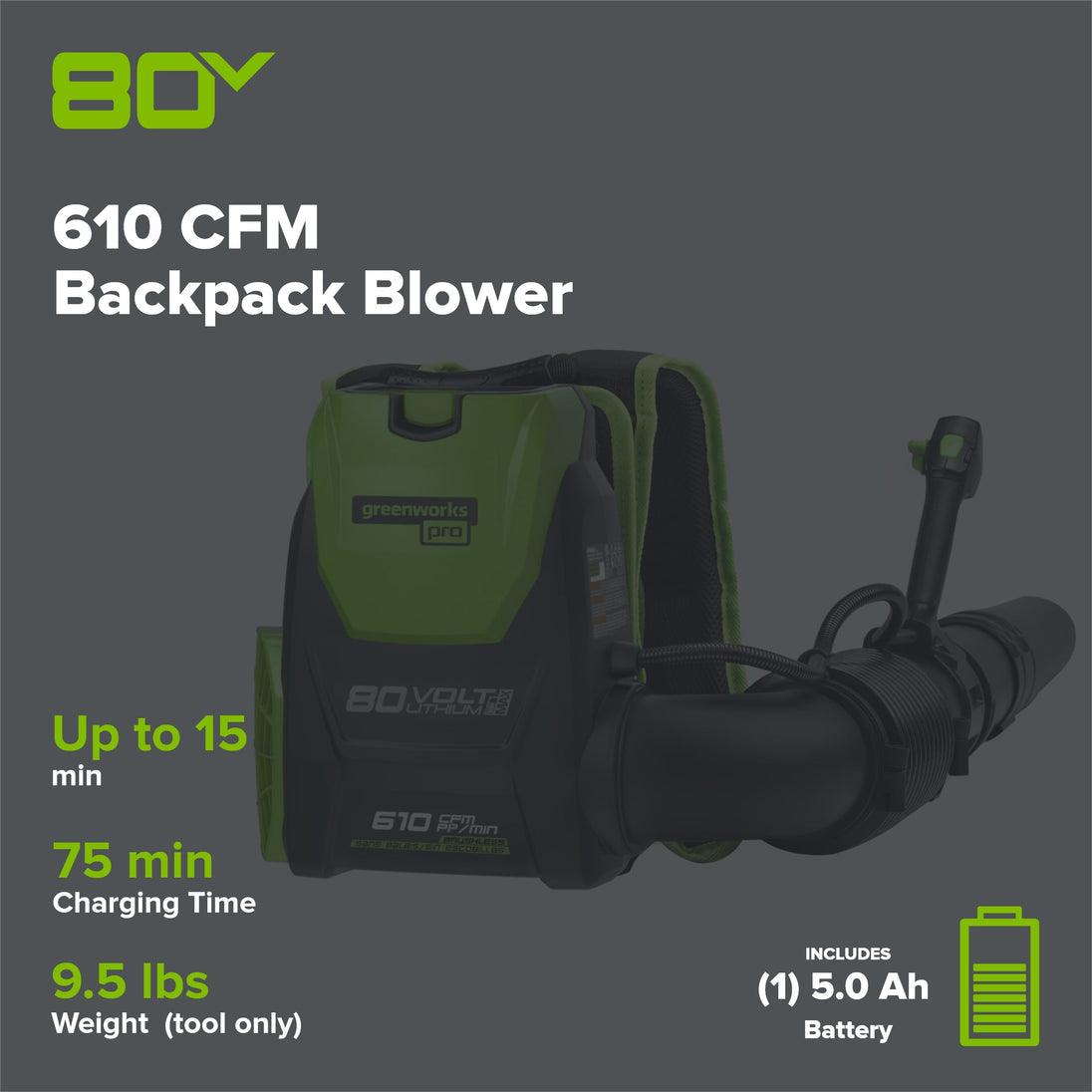 80V 610 CFM Cordless Battery Backpack Blower ,5Ah Battery and Rapid Charger greenworkstools