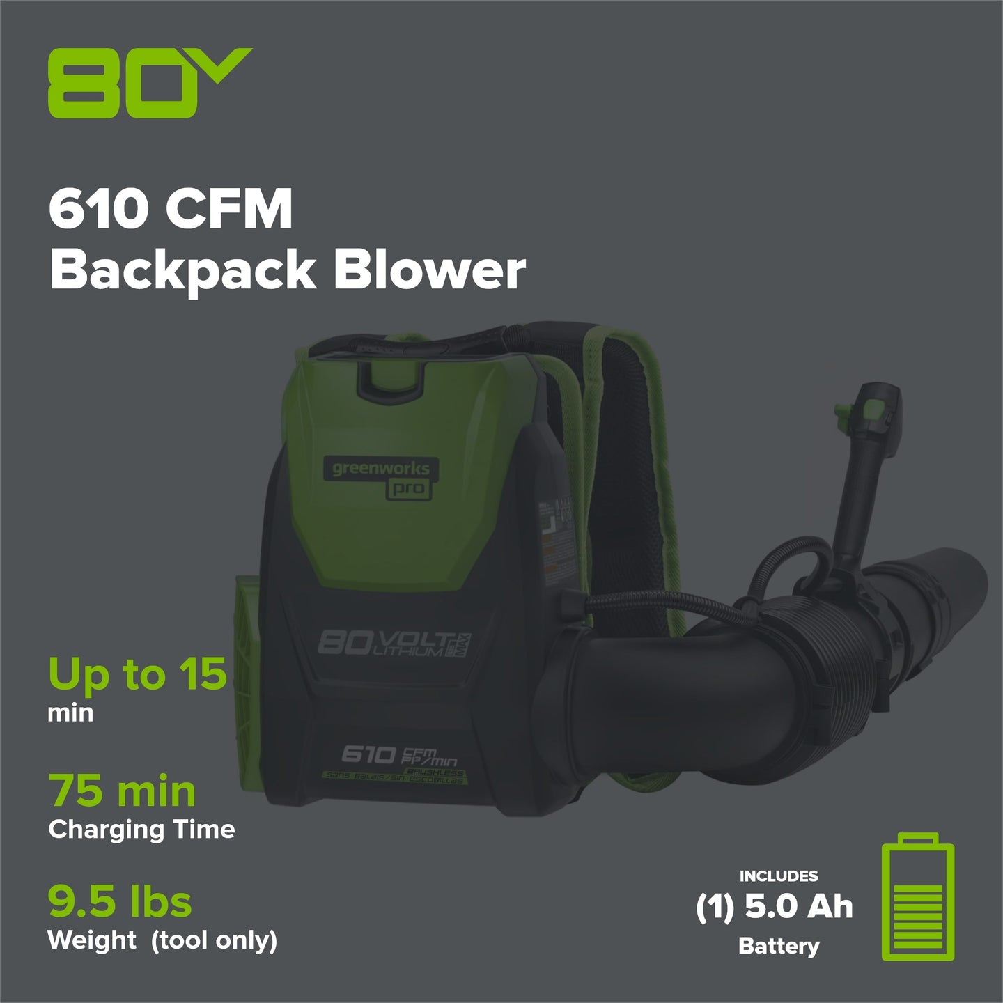 80V 610 CFM Cordless Battery Backpack Blower ,5Ah Battery and Rapid Charger greenworkstools