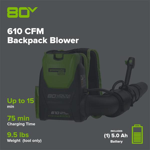 80V 610 CFM Cordless Battery Backpack Blower ,5Ah Battery and Rapid Charger greenworkstools