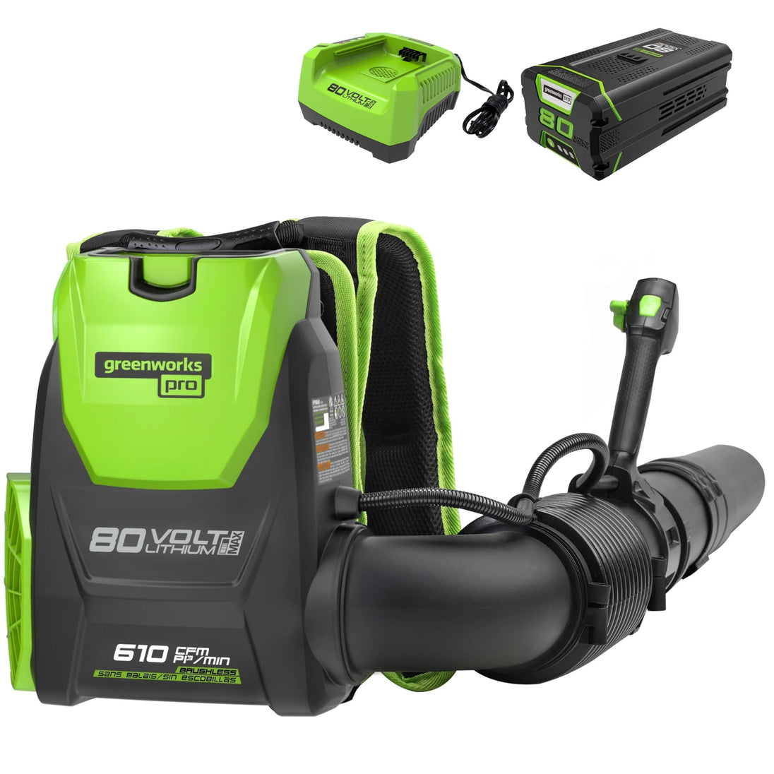 80V 610 CFM Cordless Battery Backpack Blower ,5Ah Battery and Rapid Charger greenworkstools