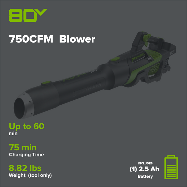 OPEN BOX 80V 750CFM Cordless Battery Leaf Blower: 2.5 Ah Battery and Charger Greenworks