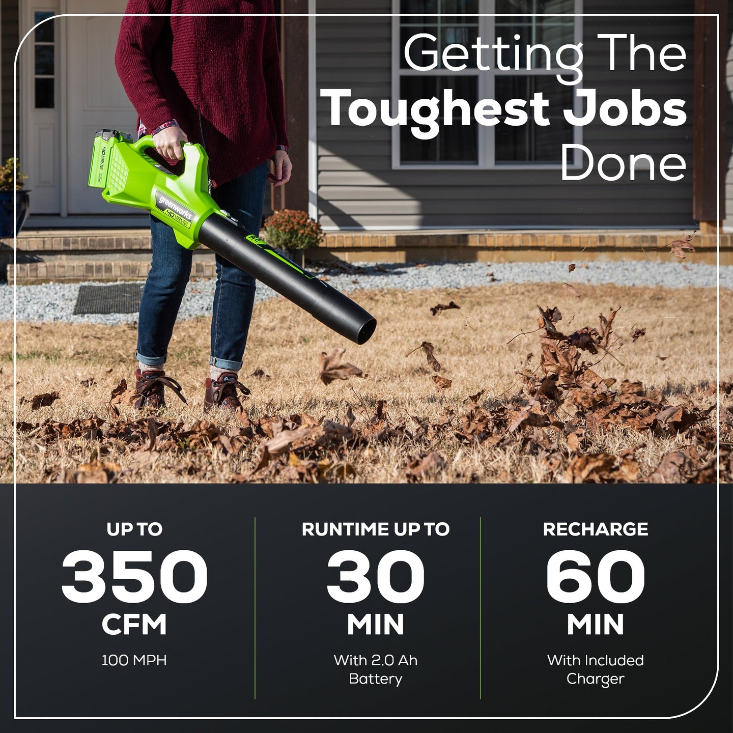 40V 350 CFM Cordless Battery Leaf Blower: 2.0 Ah Battery and Charger greenworkstools