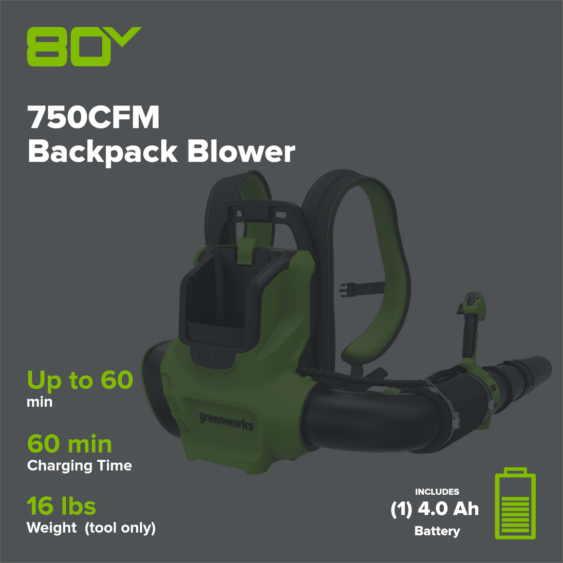 80V 750CFM Cordless Battery Single Port Backpack Blower, 4Ah Battery and Charger Greenworks
