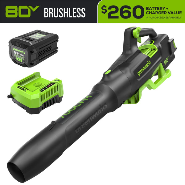 80V 700CFM Cordless Battery Blower w/  2.5Ah Battery & Charger Greenworks
