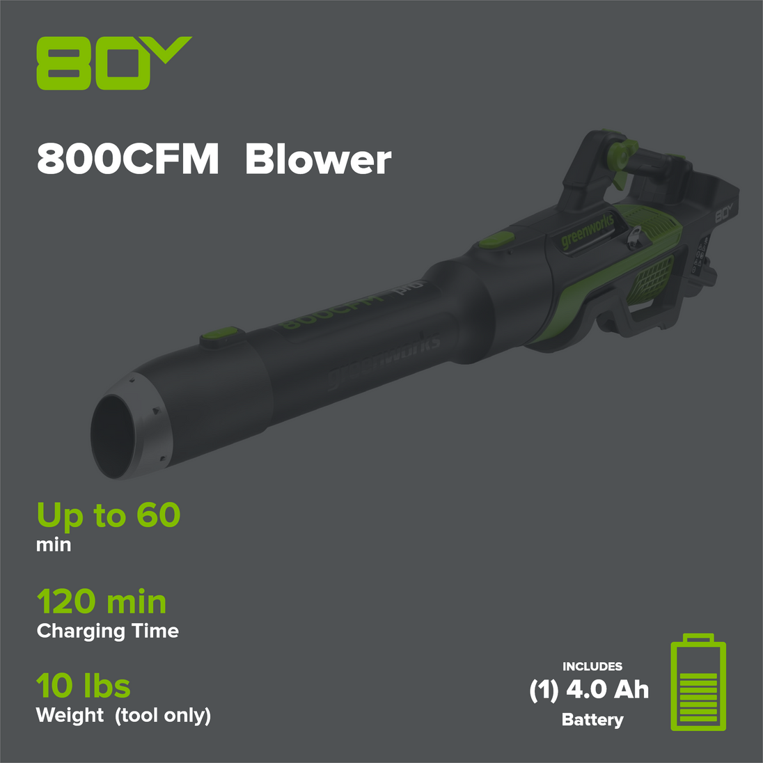 80V 800CFM Cordless Battery Leaf Blower, 4Ah Battery and Charger Greenworks