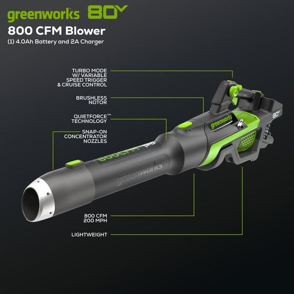 RENEWED 80V 800CFM Cordless Battery Leaf Blower, 4Ah Battery and Charger Greenworks