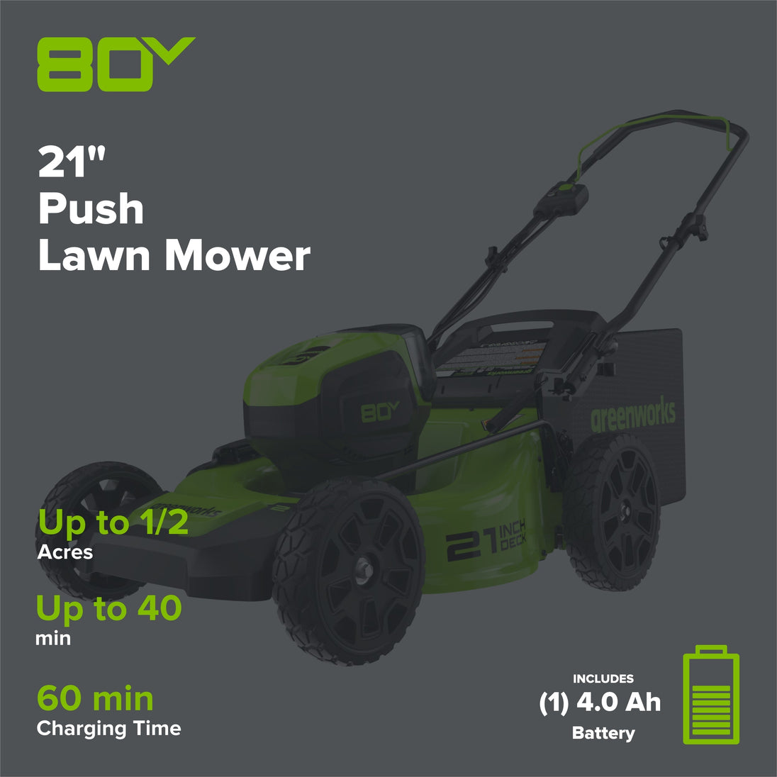 80V 21" Cordless Battery 3-in-1 Push Mower 3pc Combo Kit: (2) 2.0 Ah Batteries and Rapid Charger greenworkstools