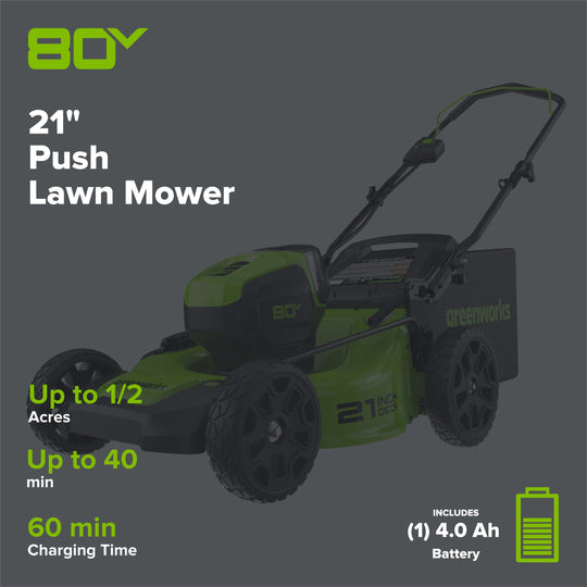 80V 21" Cordless Battery 3-in-1 Push Mower 3pc Combo Kit: (2) 2.0 Ah Batteries and Rapid Charger greenworkstools
