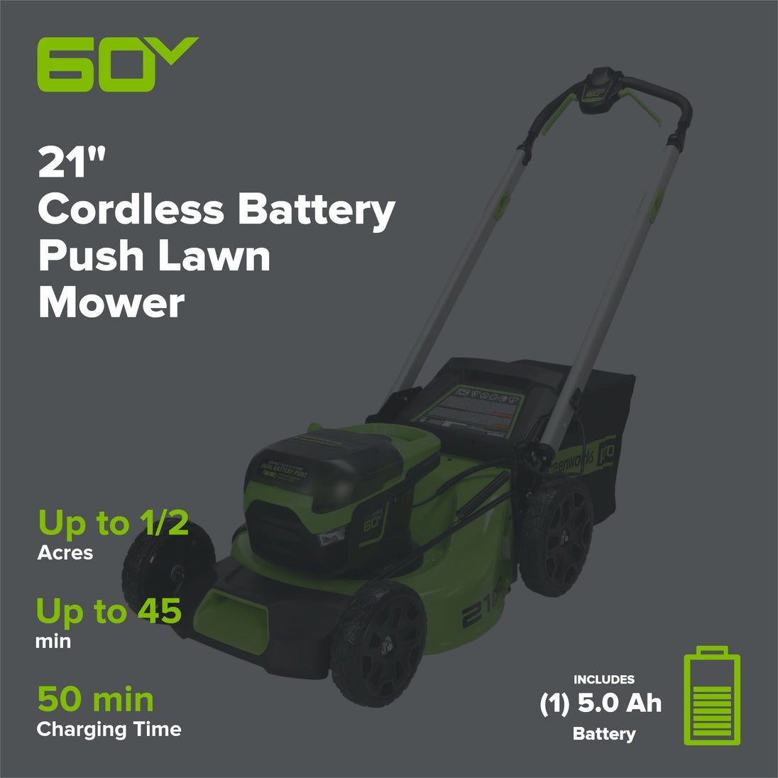 60V 21" Cordless Battery Push Mower and 610 CFM Blower Combo Kit w/ 5.0Ah Battery and Charger greenworkstools