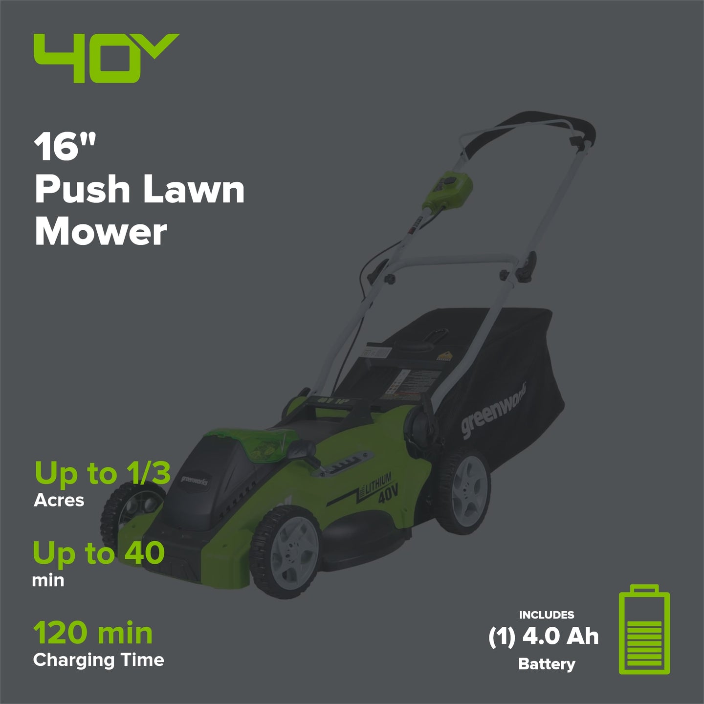 40V 16" Cordless Battery Push Mower 3pc Combo Kit, 4Ah Battery, 2Ah Battery and Charger greenworkstools