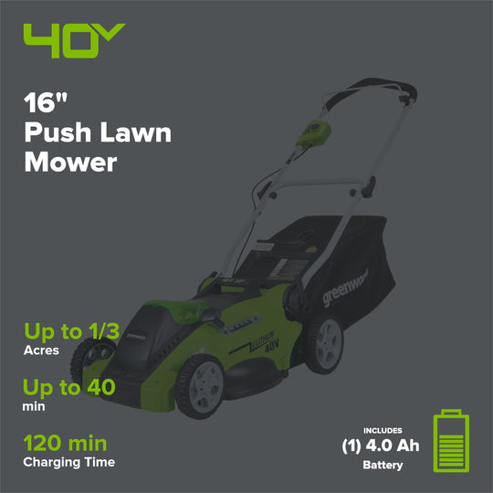 40V 16" Cordless Battery Push Mower 3pc Combo Kit, 4Ah Battery, 2Ah Battery and Charger greenworkstools