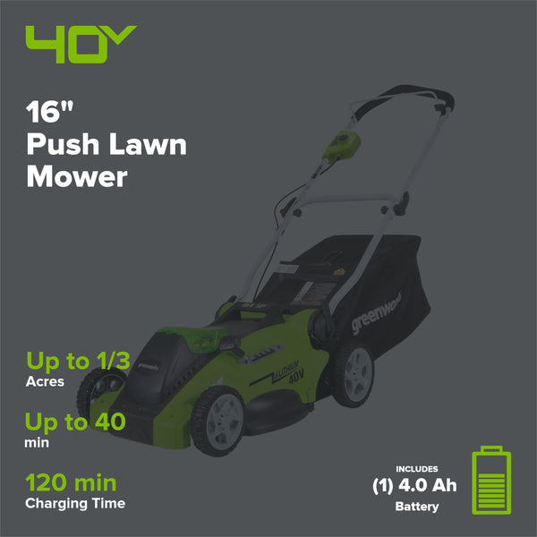 40V 16" Cordless Battery Push Mower 3pc Combo Kit, 4Ah Battery, 2Ah Battery and Charger greenworkstools