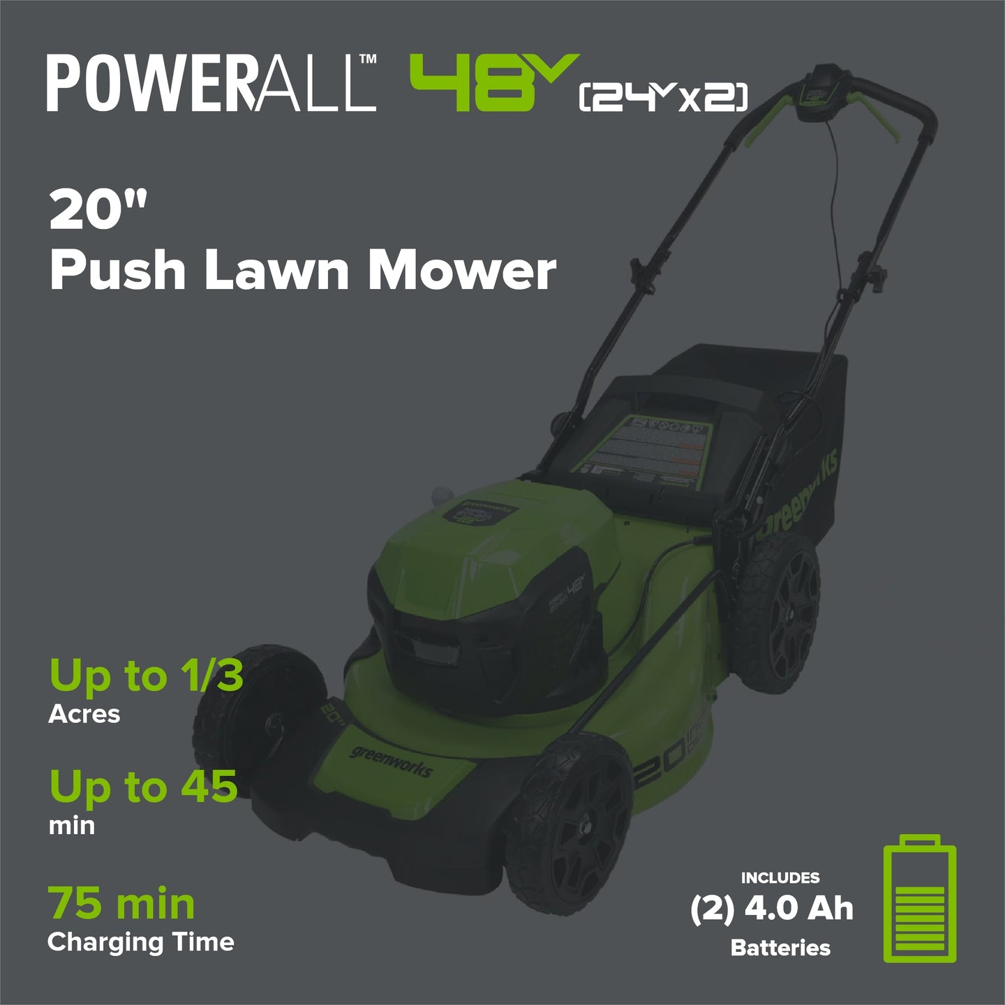48V (24V x 2) 20" Cordless Battery Push Mower 3PC Combo Kit: (2) 4.0 Ah USB Batteries,(1) 2.0 Ah Battery,(1) Dual-Port Rapid Charger and (1) Charger greenworkstools