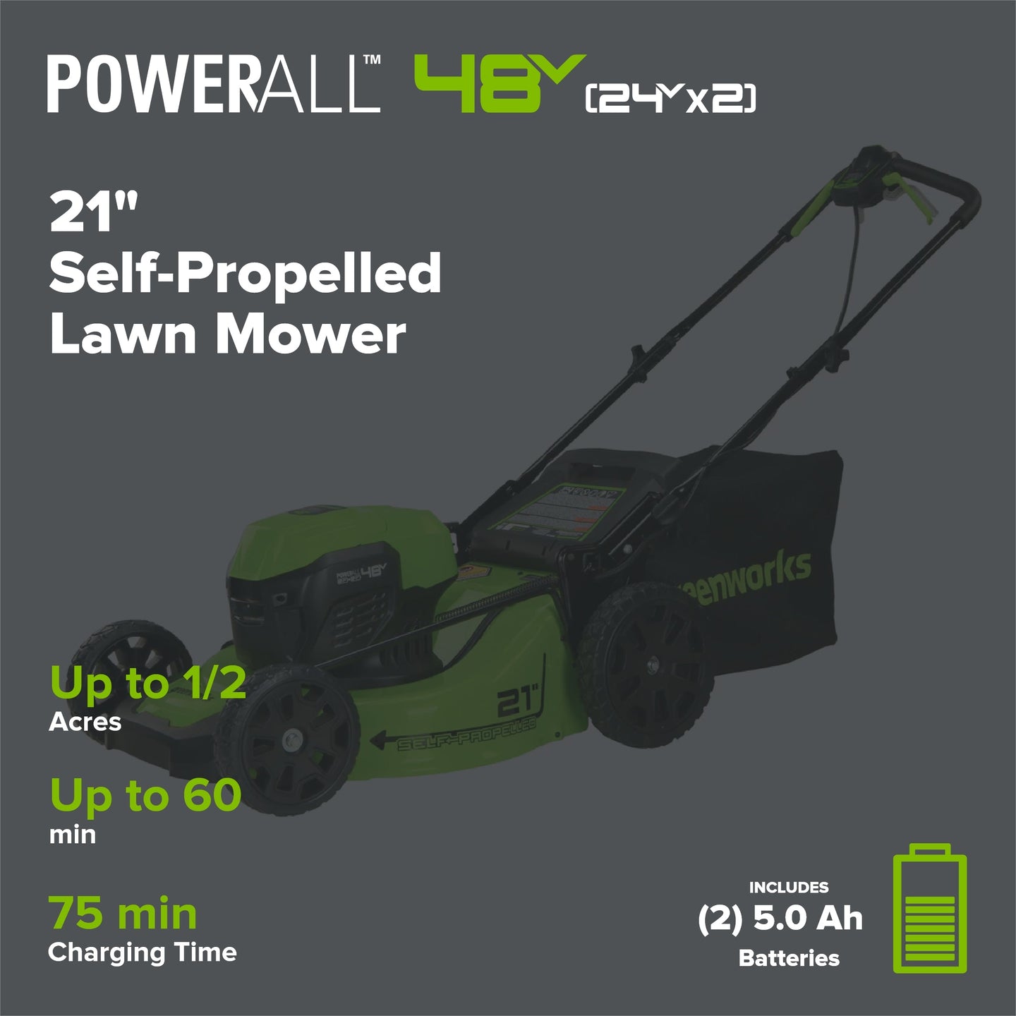 48V (24V x 2) 21" Cordless Battery Self-Propelled Mower 5PC Combo Kit: (2) 5.0Ah Batteries and Chargers greenworkstools