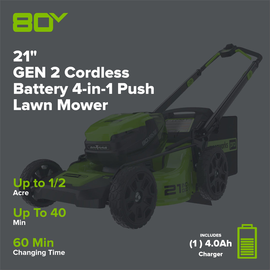 80V 21" Cordless Battery 4-in-1 Push Mower and 16" String Trimmer Combo Kit, (1) 4.0 Ah Battery and (1) Rapid Charger greenworkstools