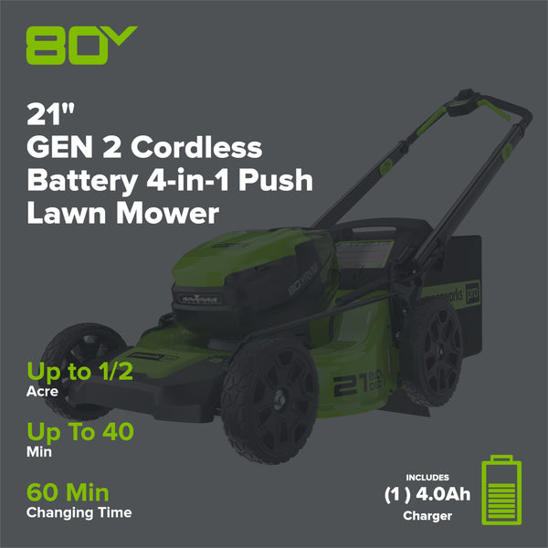 80V 21" Cordless Battery 4-in-1 Push Mower and 730CFM Leaf Blower Combo Kit, (1) 4.0 Ah Battery and (1) Rapid Charger greenworkstools