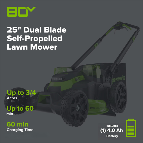 80V 25" Cordless Battery Dual Blade Self-Propelled Mower 3PC Combo Kit, (1) 4.0 Ah Battery, (1) 2.5 Ah and (2) Rapid Charger greenworkstools