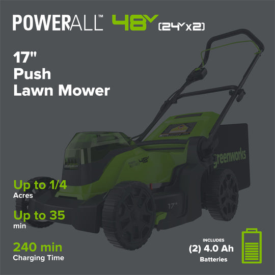48V (24V x 2) 17" Lawn Mower 4-pc Combo Kit: (2) 4.0 Ah Batteries and (2) 2.0 Ah Batteries and 2A Dual-Port Charger greenworkstools