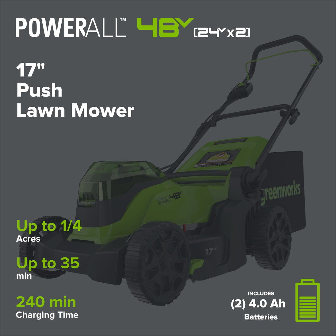 48V (24V x 2) 17" Push Cordless Lawn Mower, 320CFM Leaf Blower and 12" String Trimmer Combo Kit: (2) 4.0 Ah USB Batteries greenworkstools