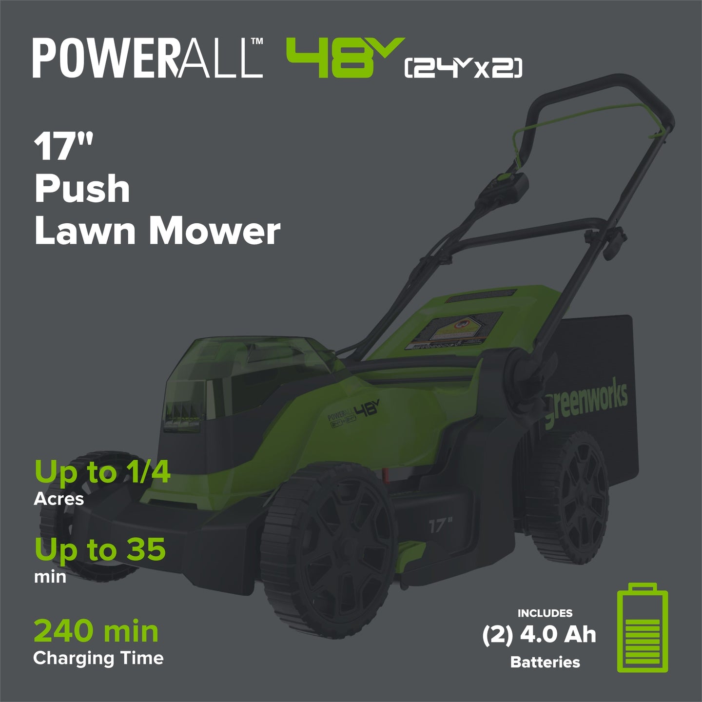 48V (24V x 2) 17" Push Cordless Lawn Mower, 320CFM Leaf Blower and 12" String Trimmer Combo Kit: (2) 4.0 Ah USB Batteries greenworkstools