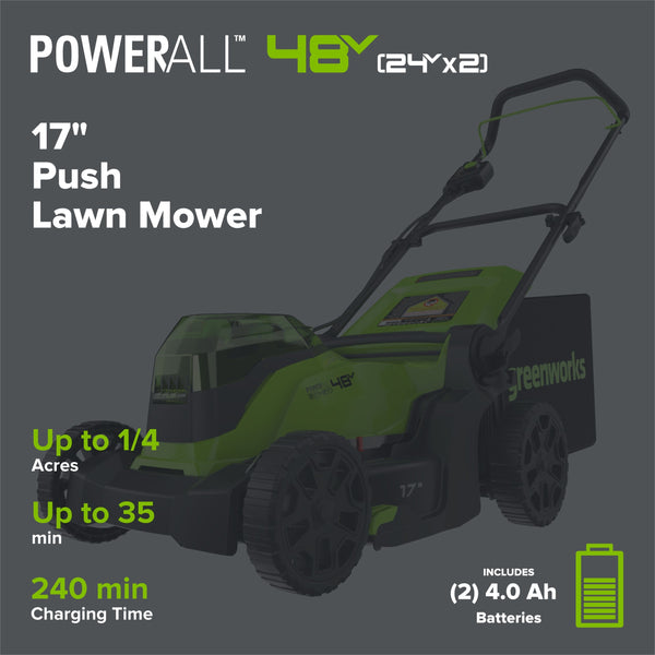 48V (24V x 2) 17" Push Cordless Lawn Mower, 320CFM Leaf Blower and 12" String Trimmer Combo Kit: (2) 4.0 Ah USB Batteries greenworkstools