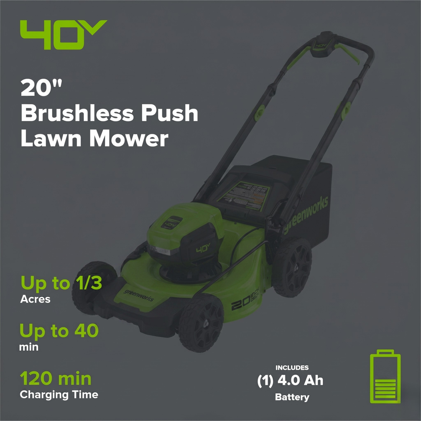 40V 20" Cordless Battery Push Mower 3pc Combo Kit: 4.0 Ah Battery and Charger greenworkstools