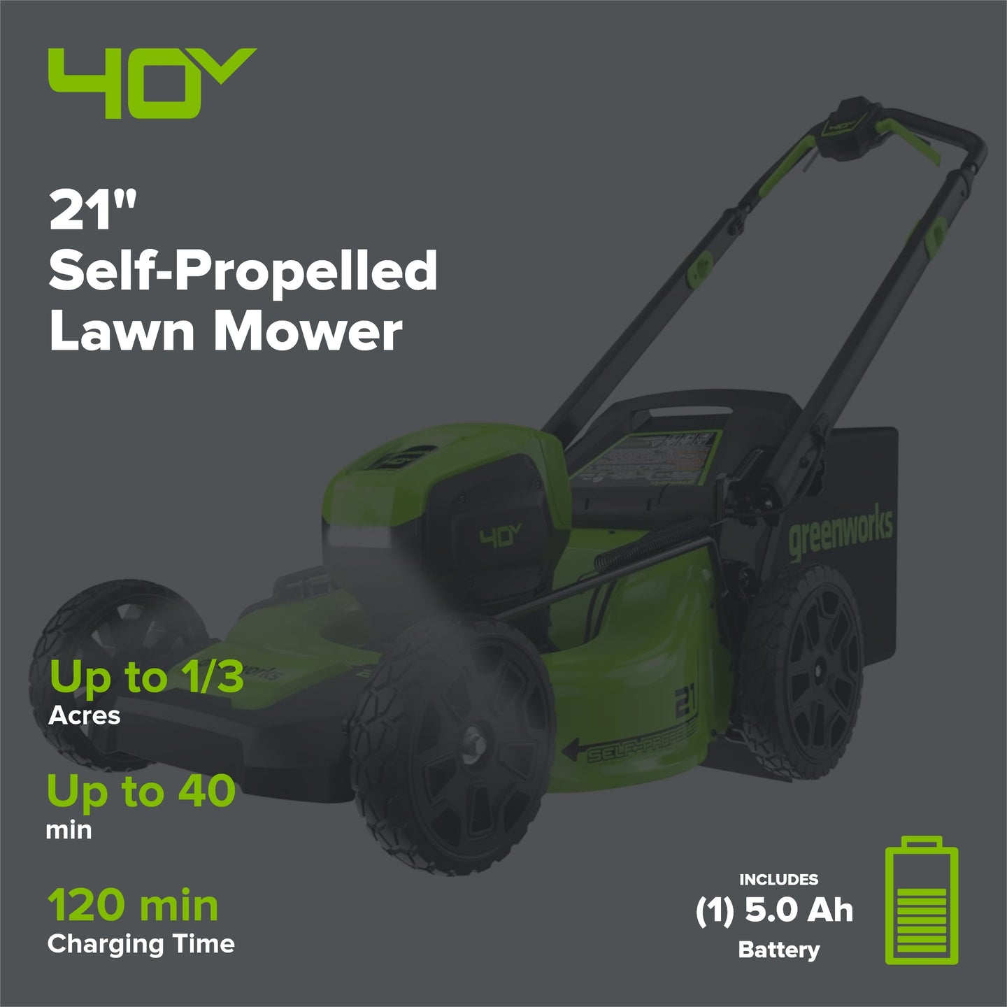40V 21" Cordless Battery Self-Propelled Mower 3pc Combo Kit: 5.0 Ah Battery and Charger greenworkstools