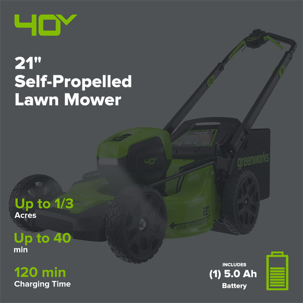 40V 21" Cordless Battery Self-Propelled Mower 3pc Combo Kit: 5.0 Ah Battery and Charger greenworkstools