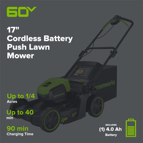 60V 17" Cordless Battery Push Lawn Mower and 13" String Trimmer Combo Kit: 4.0 Ah Battery and Charger greenworkstools