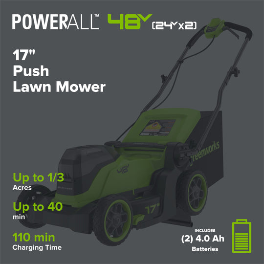 48V (24V x 2) 17" Push Cordless Lawn Mower, 270CFM Leaf Blower & 12" String Trimmer Combo Kit w/ (2) 4.0Ah Batteries, 65W Type-C Charger & (2) 3-FT Cables greenworkstools