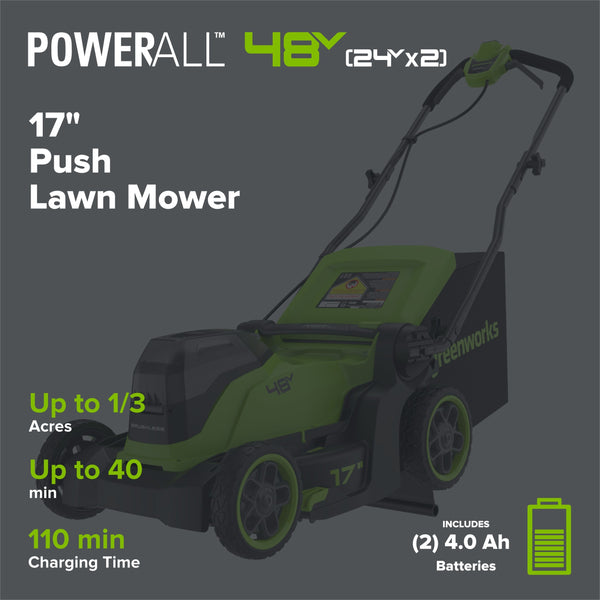 48V (24V x 2) 17" Push Cordless Lawn Mower, 270CFM Leaf Blower & 12" String Trimmer Combo Kit w/ (2) 4.0Ah Batteries, 65W Type-C Charger & (2) 3-FT Cables greenworkstools