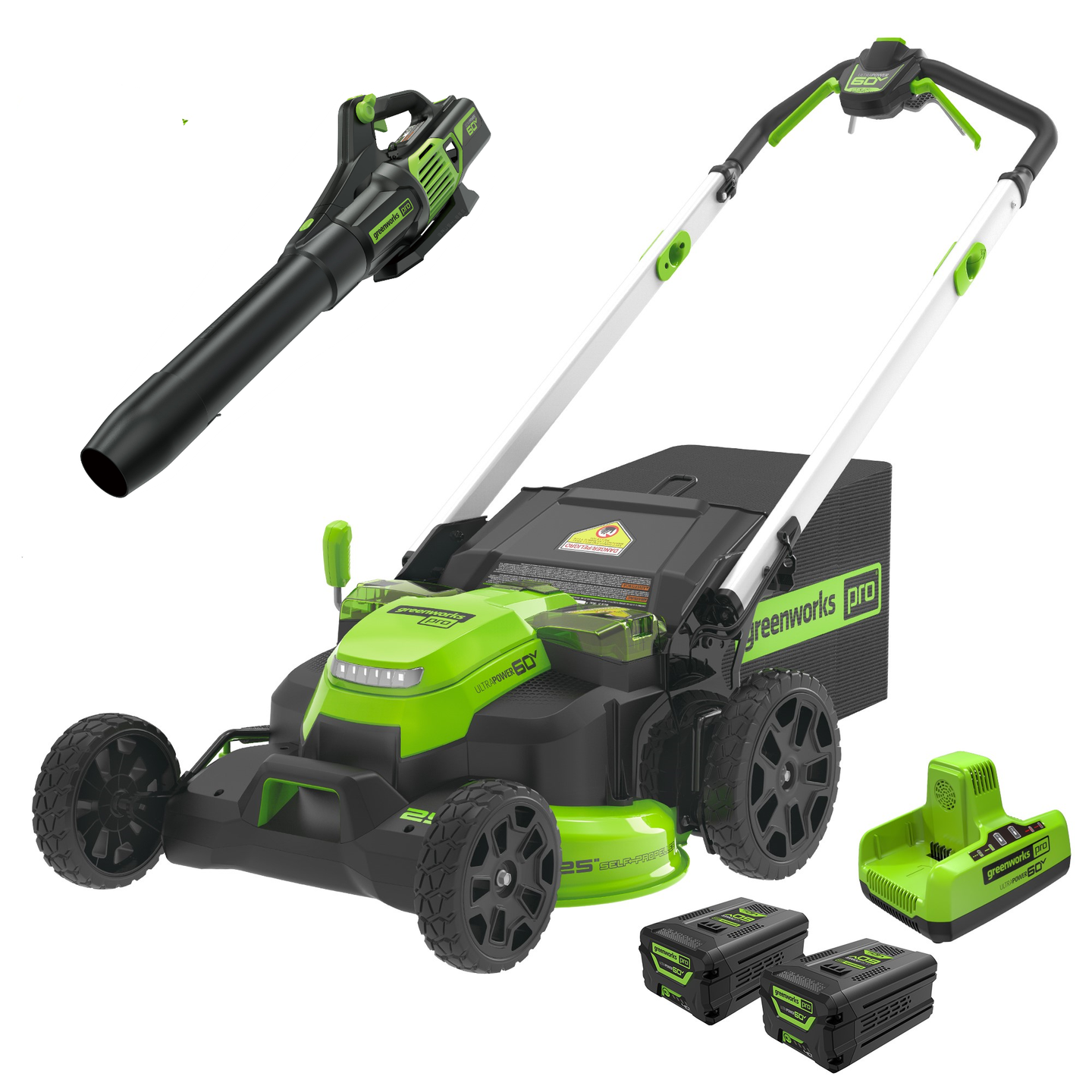 60V 25" Cordless Battery Self-Propelled Mower Combo Kit, Blower: (2) 4.0 Ah Batteries and Dual-Port Charger greenworkstools