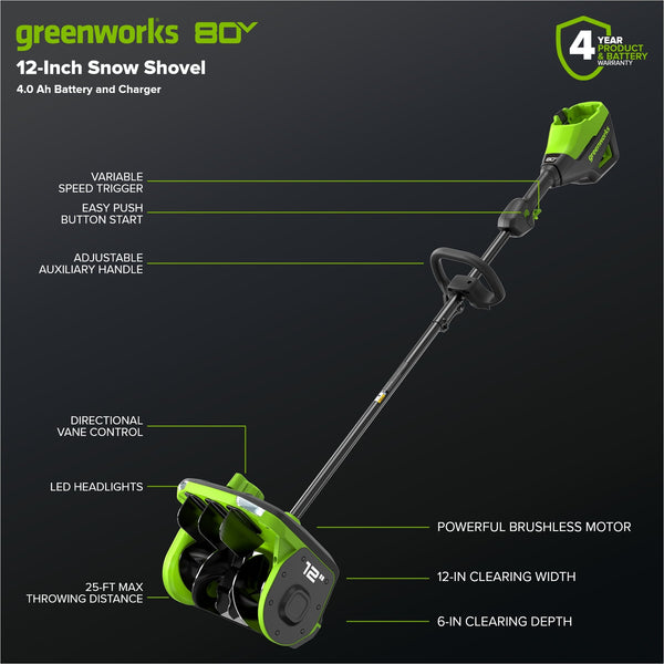 80V 12" Cordless Battery LED Snow Shovel: 4.0 Ah Battery and 6A Charger greenworkstools
