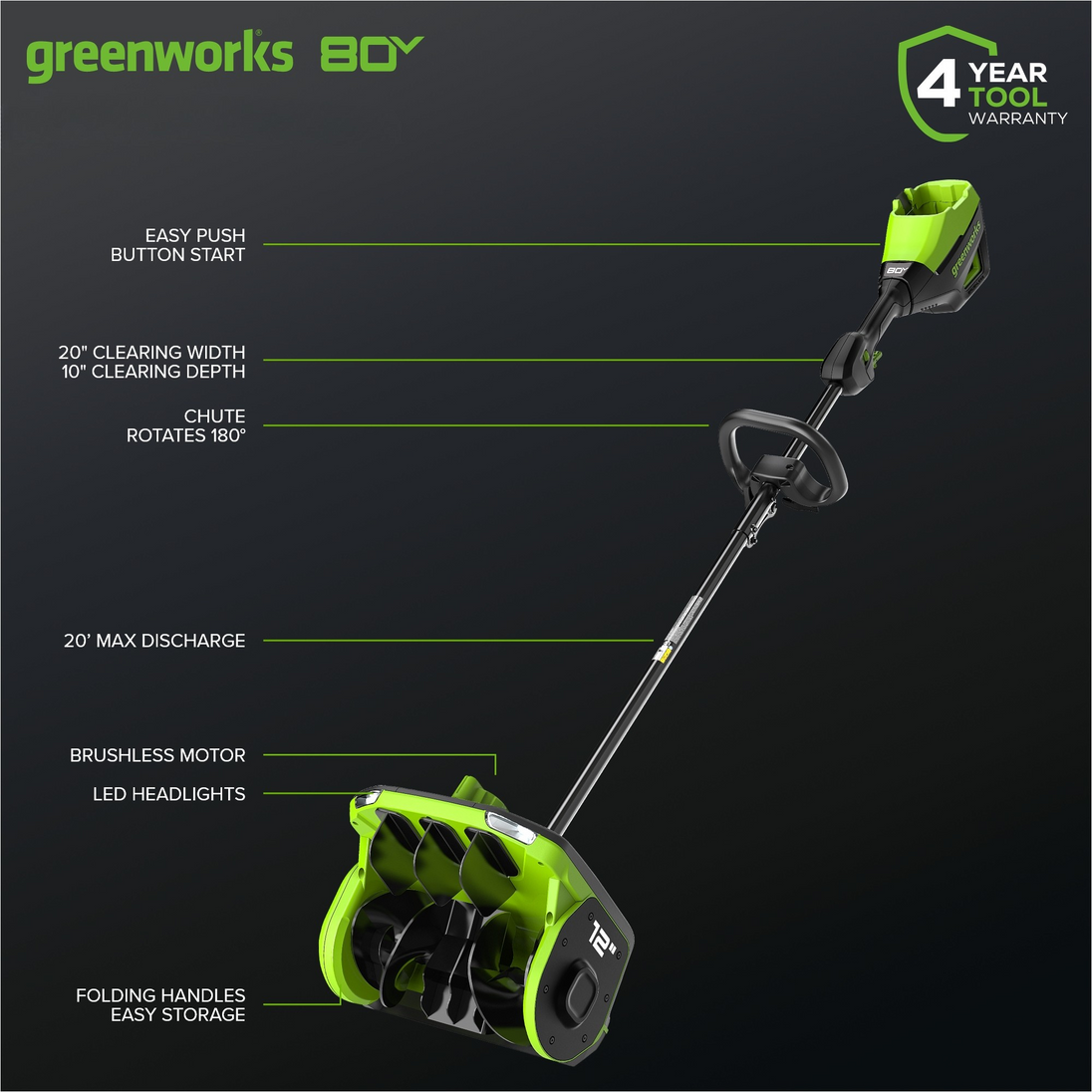 80V 12" Cordless Battery LED Snow Shovel, Directional Vanes (Tool Only) greenworkstools