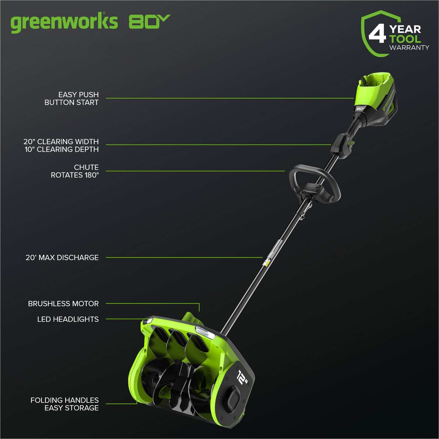 80V 12" Cordless Battery LED Snow Shovel, Directional Vanes (Tool Only) greenworkstools