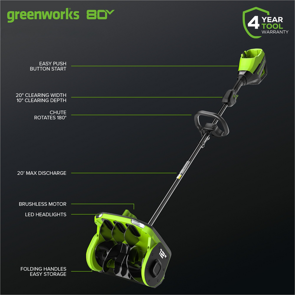80V 12" Cordless Battery LED Snow Shovel, Directional Vanes (Tool Only) greenworkstools