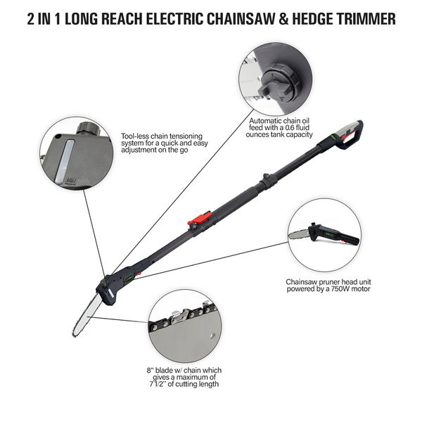 Wolf Creek 2 IN 1 Electric Long Reach Pole Saw & Hedge Trimmer Wolf Creek