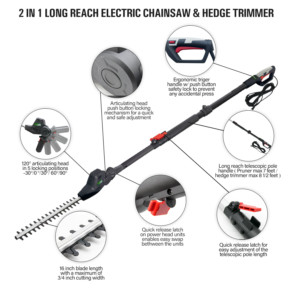 Wolf Creek 2 IN 1 Electric Long Reach Pole Saw & Hedge Trimmer Wolf Creek